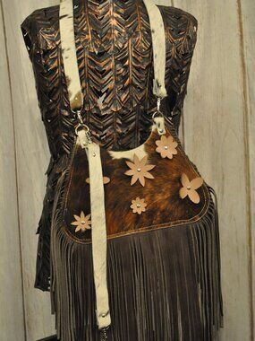 Cowhide & Leather Fringe Bag w/ Floral Details – Convertible Crossbody/Shoulder